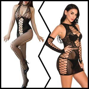 2 Lingerie Sets - 1Mini Dress & 1 Bodysuit Fishnet